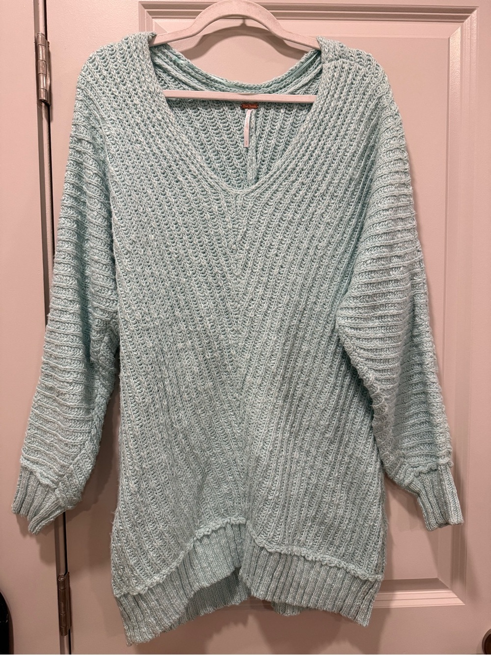 Free People Mint Blue V-Neck Ribbed Knit Sweater Tunic